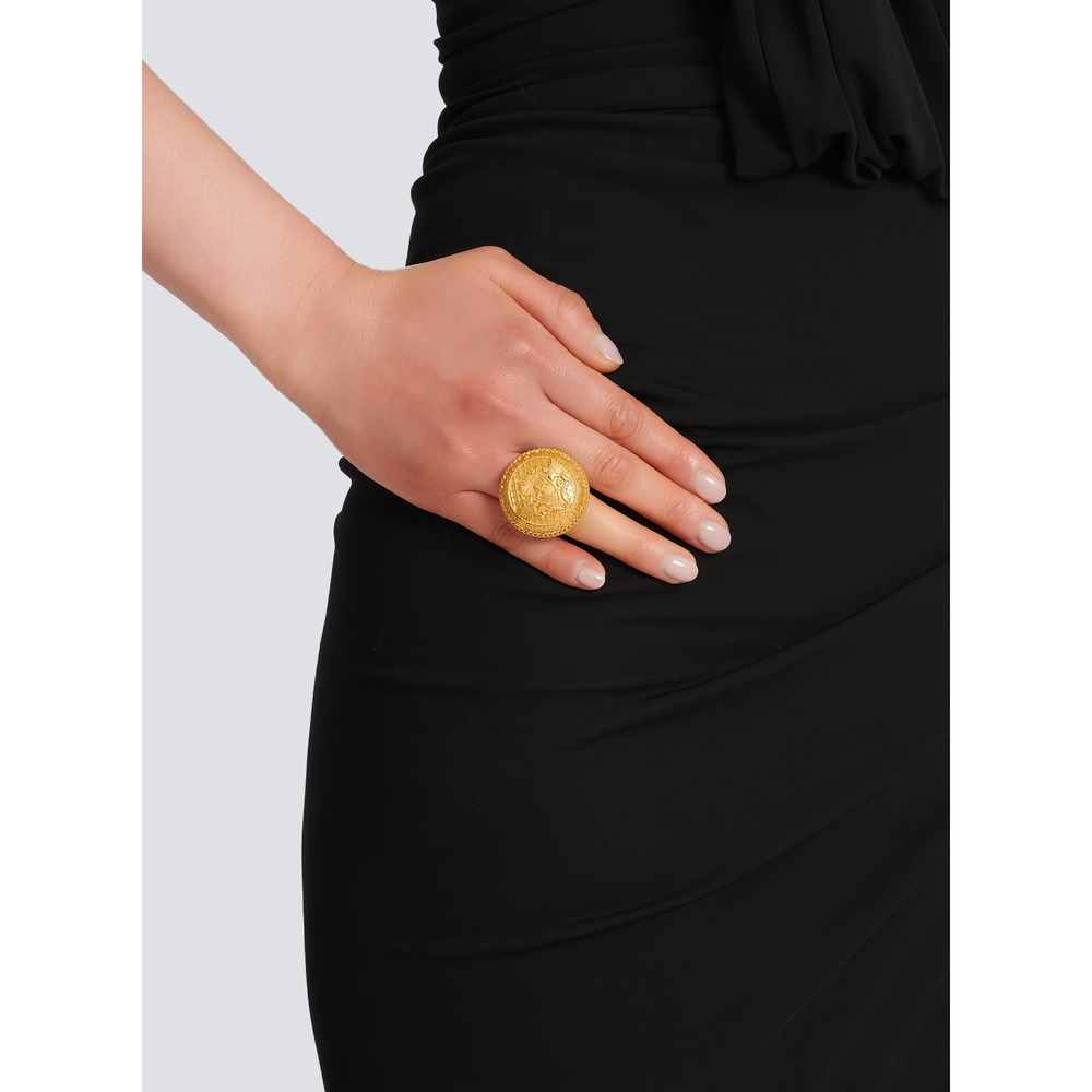NIB Balmain Antique Gold-Tone Brass Logo Coin Ring Women Size M / 7 $595